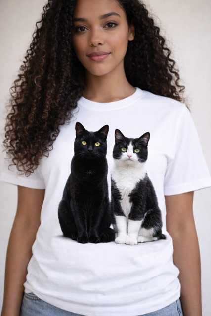 Mulher com t-shirt branca estampada com gato preto e gato preto e branco