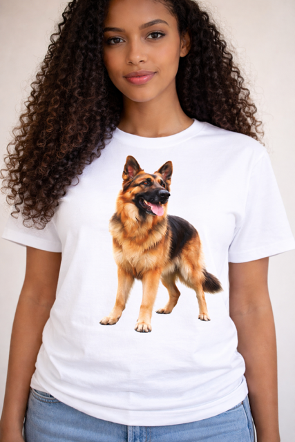 Mulher com t-shirt branca estampada com pastor alemão realista