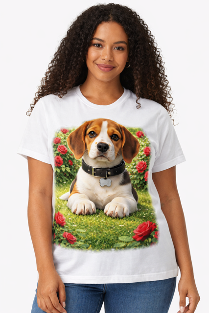 Mulher sorrindo com t-shirt branca estampada com filhote de Beagle em jardim com rosas
