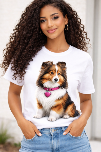 Mulher com t-shirt branca estampada com Shetland Sheepdog tricolor e coleira rosa