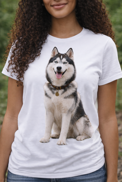 Mulher com t-shirt branca estampada com Husky Siberiano sorridente