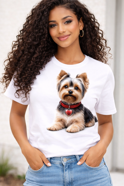 Mulher com t-shirt branca estampada com Yorkshire Terrier e coleira vermelha