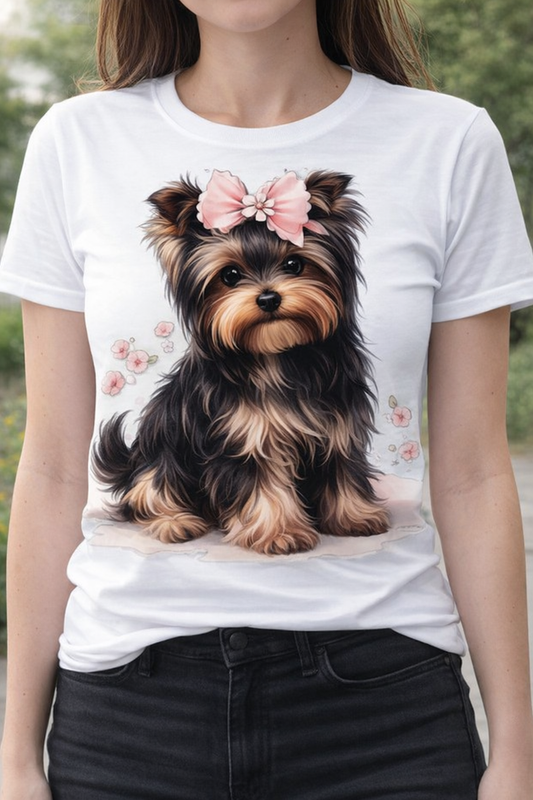 T-shirt branca estampada com yorkie de laço rosa e flores cor-de-rosa