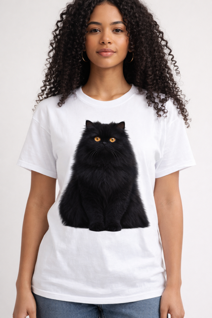 Mulher com t-shirt branca estampada com gato persa preto de olhos amarelos