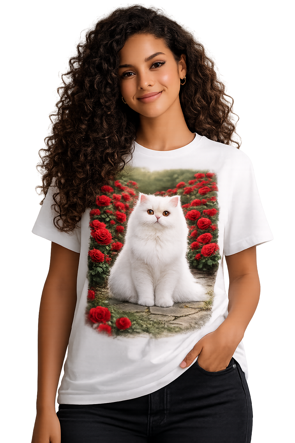 T-Shirt Gato Persa Branco com Rosas