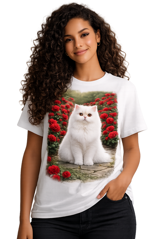 T-Shirt Gato Persa Branco com Rosas