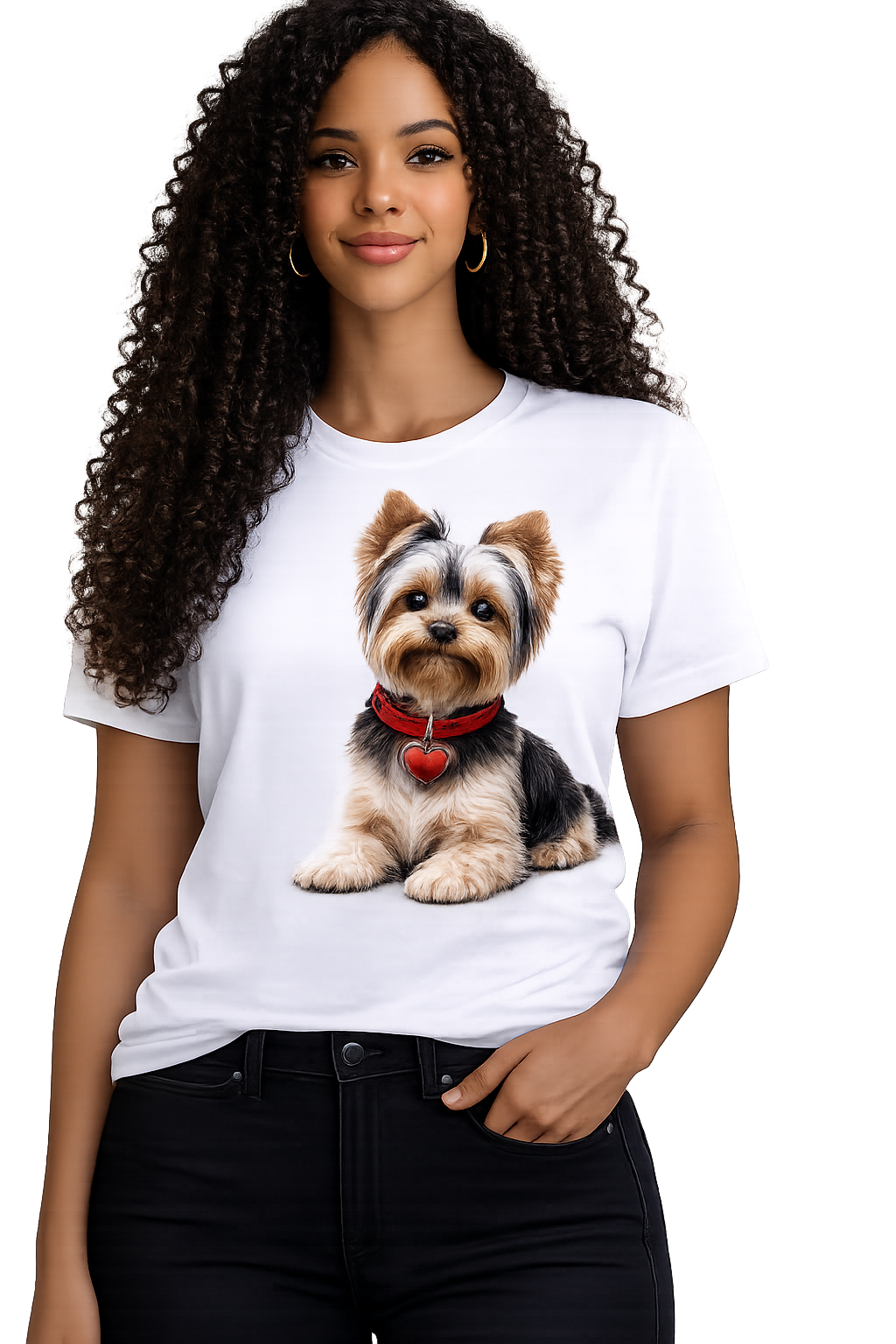 T-Shirt Yorkshire Terrier com Coleira Vermelha