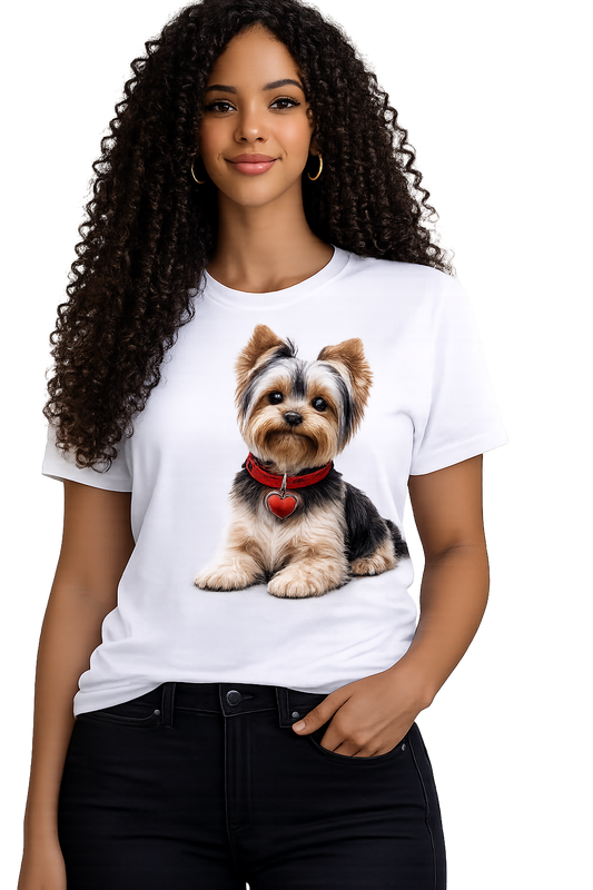 T-Shirt Yorkshire Terrier com Coleira Vermelha