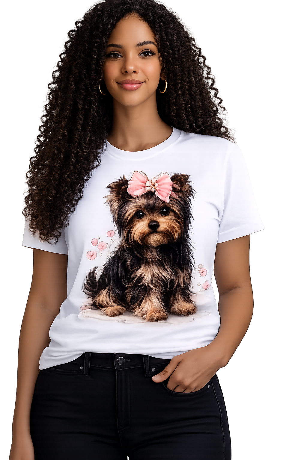 T-Shirt Yorkie com Laço Rosa e Flores