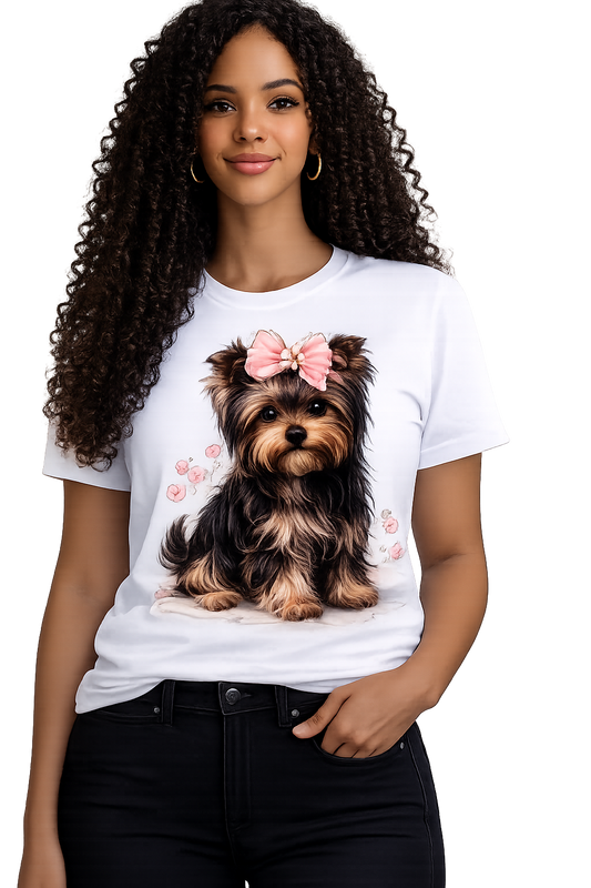 T-Shirt Yorkie com Laço Rosa e Flores