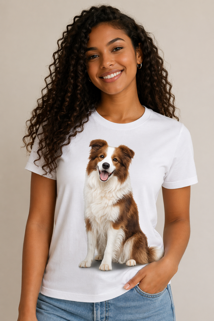 Mulher com t-shirt branca estampada com border collie castanho e branco sorridente