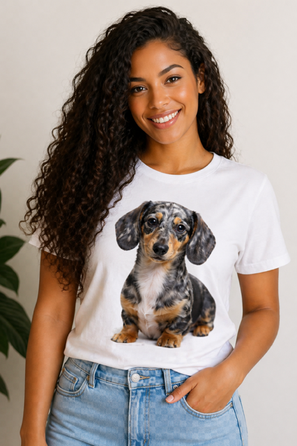 Mulher com t-shirt branca estampada com dachshund arlequim de pelagem mesclada