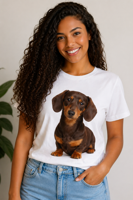Mulher sorrindo com t-shirt branca estampada com dachshund castanho de pelo curto