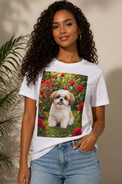 Mulher com t-shirt branca estampada com shih tzu num jardim de rosas vermelhas