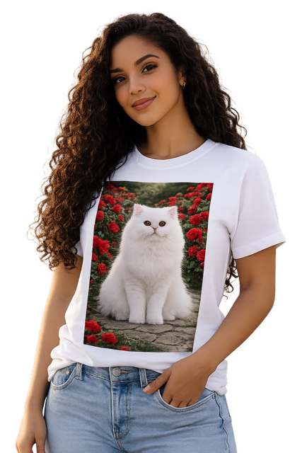 Mulher com t-shirt branca estampada com gato persa branco e rosas vermelhas