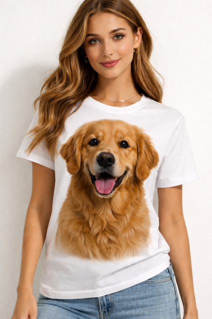 Mulher com t-shirt branca estampada com close-up de golden retriever sorridente
