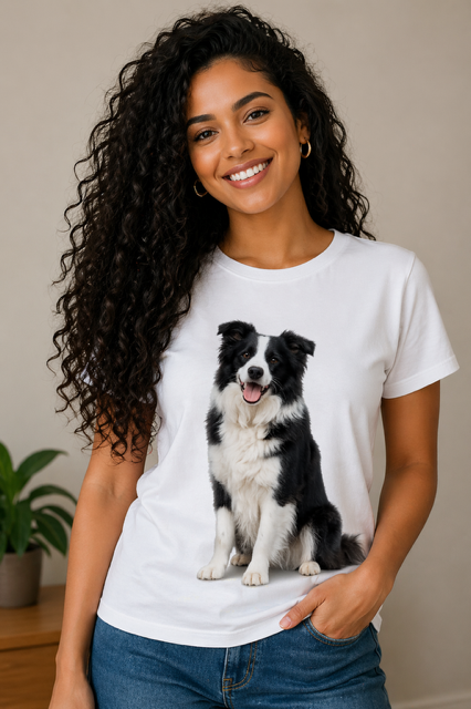Mulher sorrindo com t-shirt branca estampada com border collie preto e branco