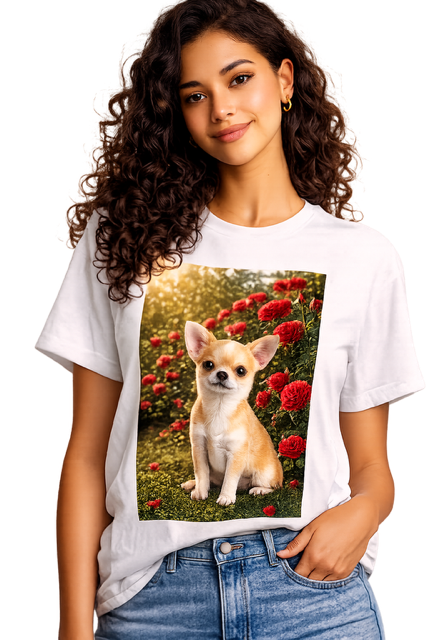 Mulher com t-shirt branca estampada com chihuahua creme num jardim de rosas vermelhas