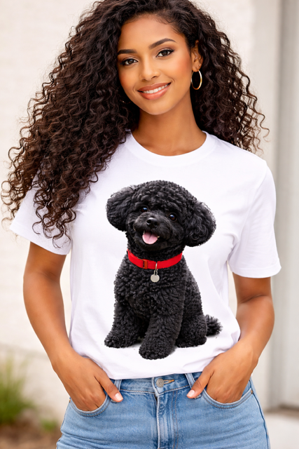 Mulher sorridente com t-shirt branca estampada com poodle preto
