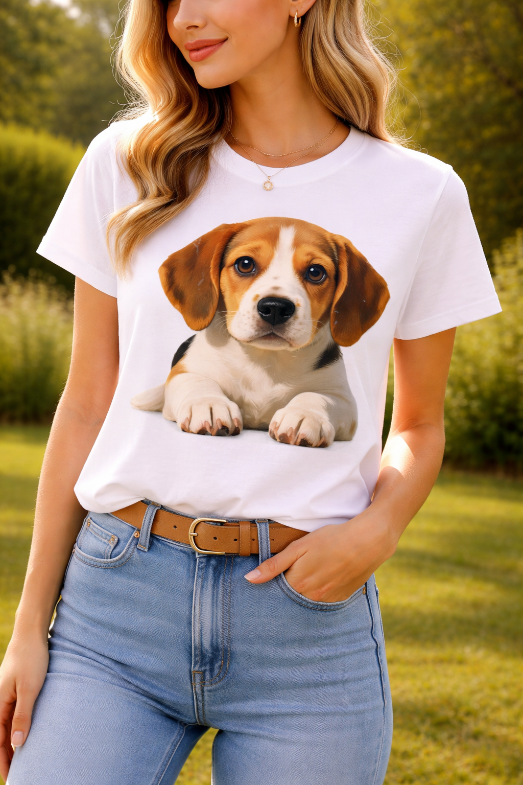 Mulher com t-shirt branca estampada com filhote de beagle em campo
