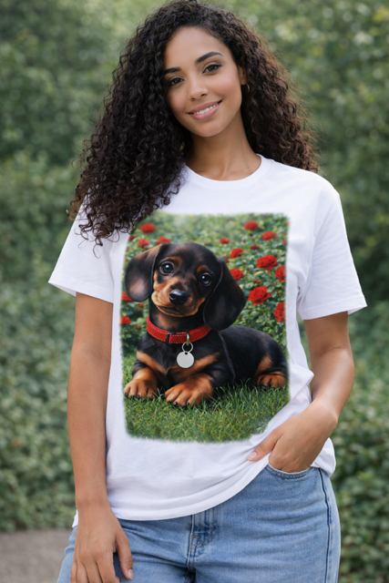 T-Shirt Dachshund Filhote no Jardim