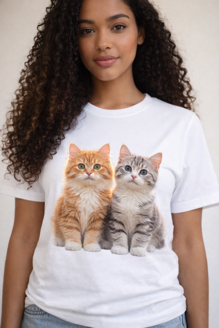 Mulher com t-shirt branca estampada com dois gatinhos fofos, um laranja e um cinza