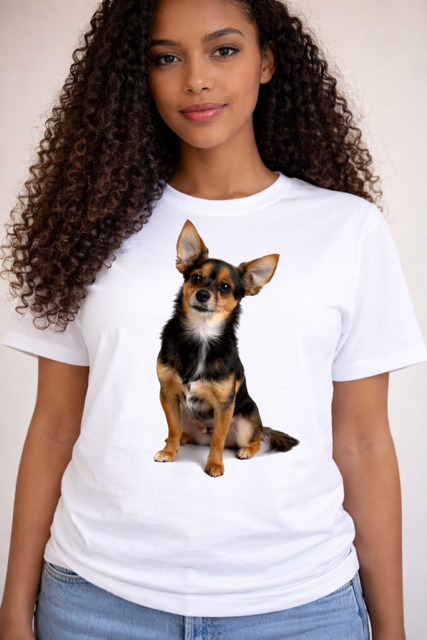 Mulher sorrindo com t-shirt branca estampada com chihuahua preto e castanho