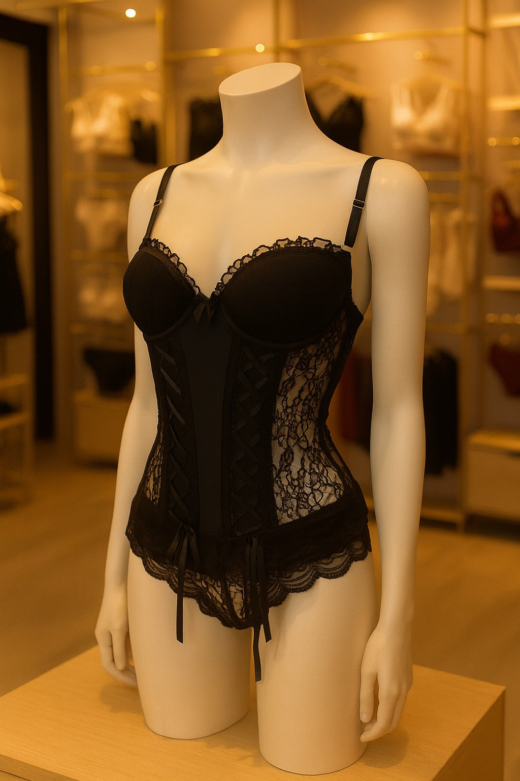 Espartilho com cueca fio dental e meia liga